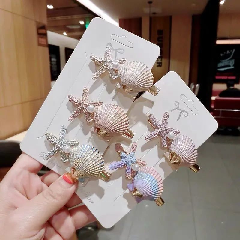 Women's Casual Marine Style Starfish Shell Metal Pearl Hair Clip