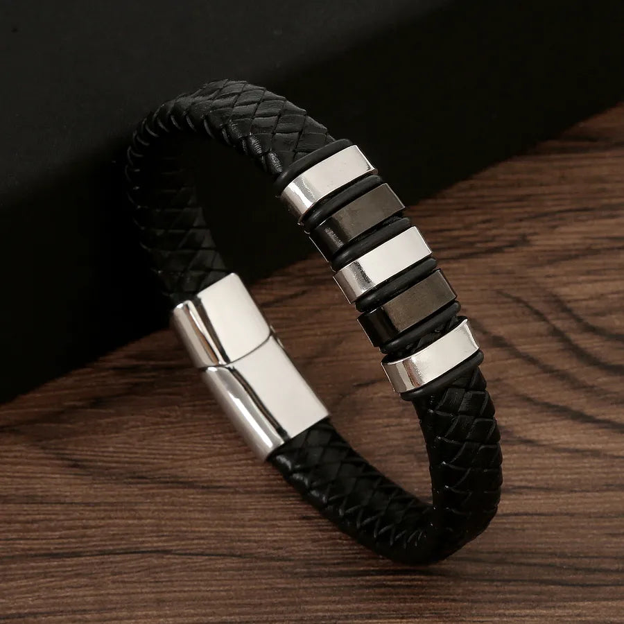 classical vintage style geometric stainless steel pu leather men's bangle