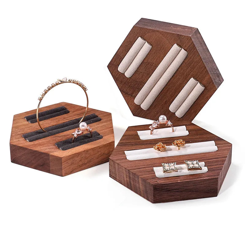 Walnut Wood Ring Display Stand Earring Display Tray Versatile Jewelry Tray Jewelry Stand Hexagonal Base Tray