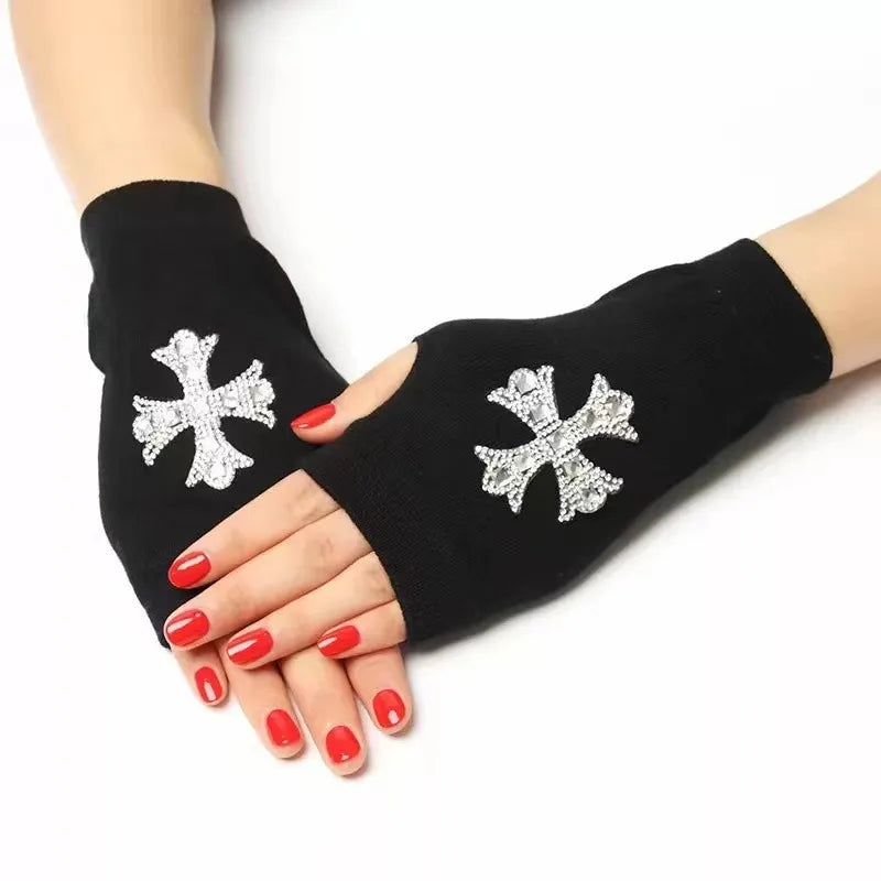 unisex retro bear owl flower knitted fabric gloves 1 pair