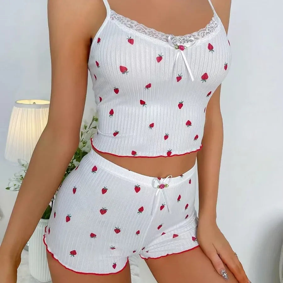 New Butterfly Knot Strap Shorts Set Women's Strawberry Print Lace Trim Two-Piece Polyester Milk Silk Home Wear Sleepwear