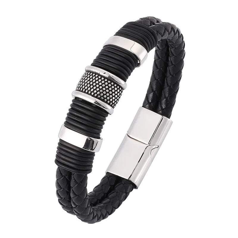 punk simple style solid color stainless steel pu leather plating magnetic silver plated men's wristband