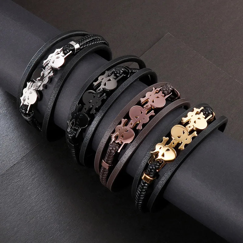 Hip-Hop Retro Geometric Skull Pu Leather Titanium Steel Plating 18K Gold Plated Halloween Men's Bracelets