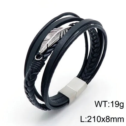 Fashion Feather Stainless Steel Leather Patchwork 18K Gold Plated Men'S Bangle
