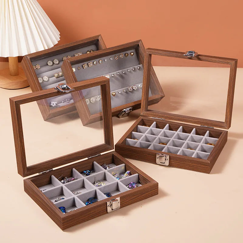 Black Walnut Wood Grain Dustproof Cover Jewelry Box Bracelet Earring Necklace Storage Case Vintage Style Wooden Jewelry Case