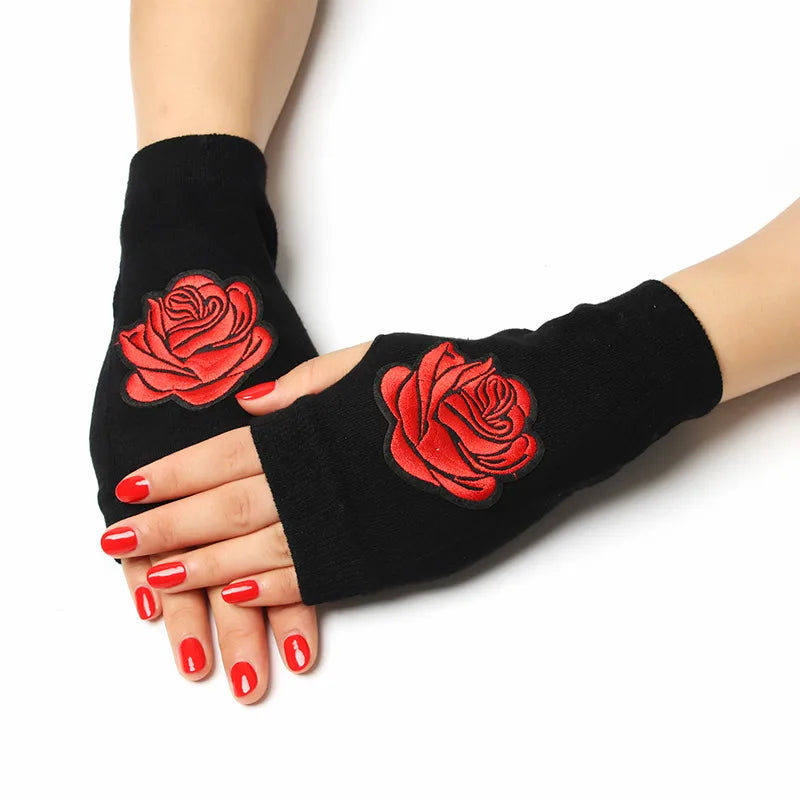 unisex retro bear owl flower knitted fabric gloves 1 pair