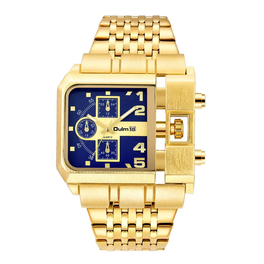 Oulm gold  large dial men's watch steel band calendar square quartz men's watch  leisure style wrist