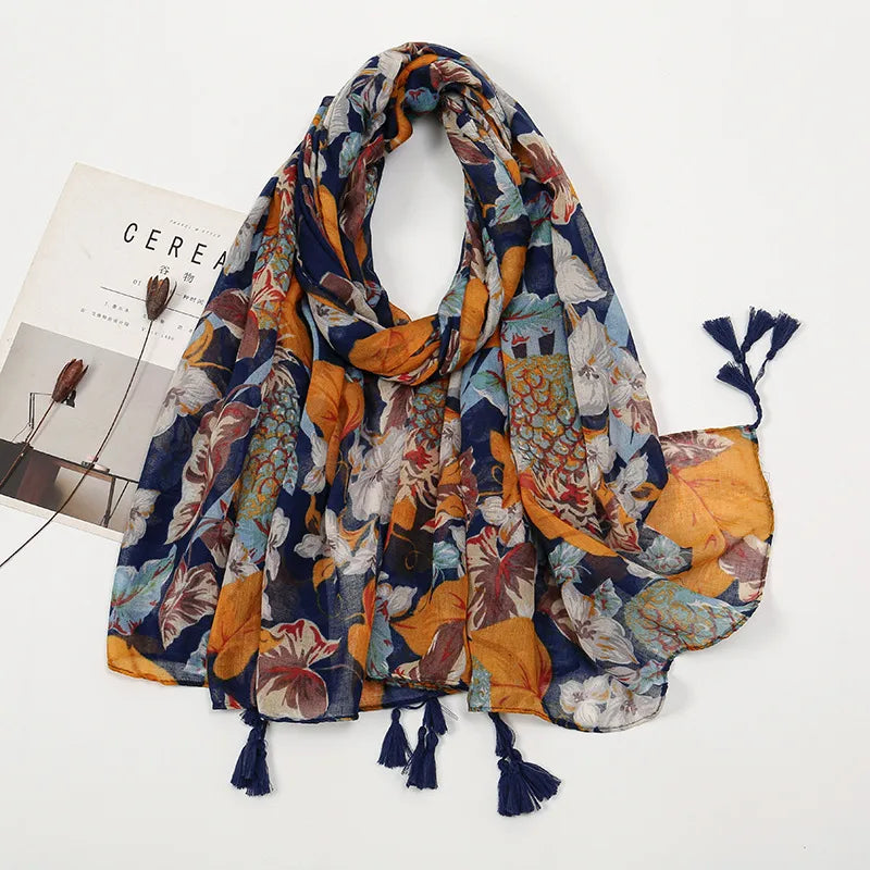 women's sweet flower cotton and linen tassel silk scarves
