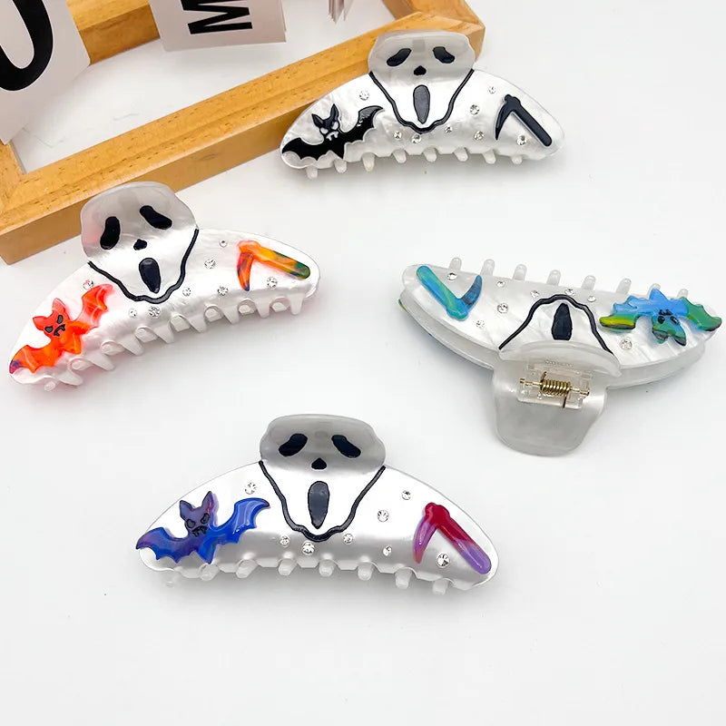 Acetate Skeleton Shark Clip Halloween Half Updo Hair Accessory Women's Dark Style Pumpkin Skull Headwear Bat Skeleton Grab Clip
