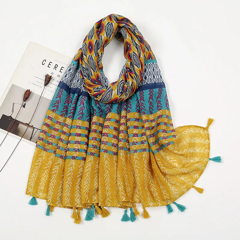women's sweet flower cotton and linen tassel silk scarves