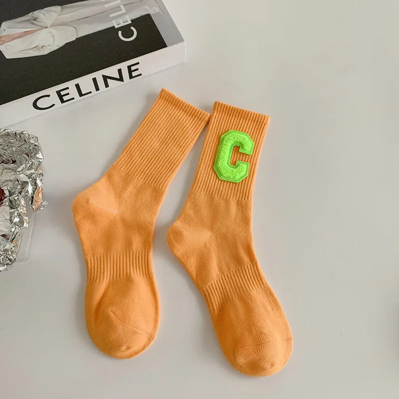 women's casual letter solid color cotton crew socks a pair