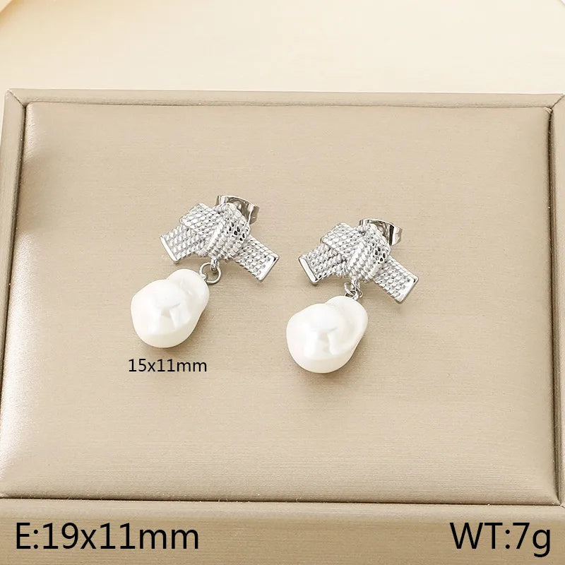 Korean Fashion Refined Grace Stainless Steel Bow Freshwater Pearl Earrings