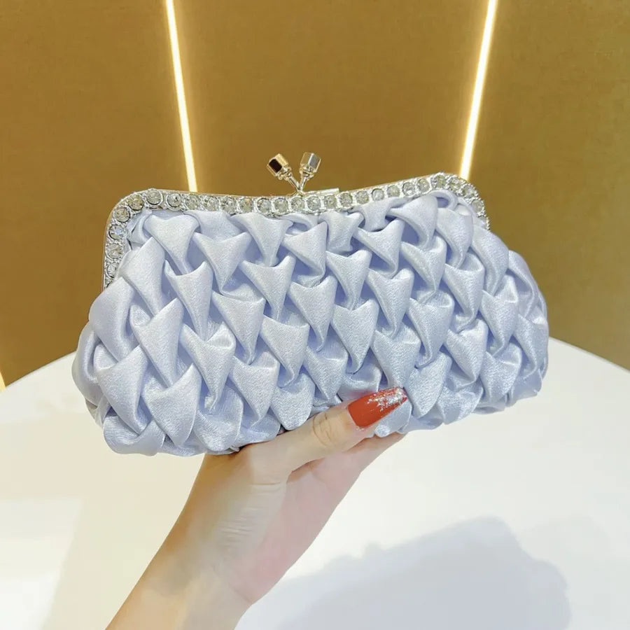 Elegant Silk Ladies Clutch Bag Diamond Embellished Evening Bag Wedding Bride Handbag Square Polyester Fashion Folded Design