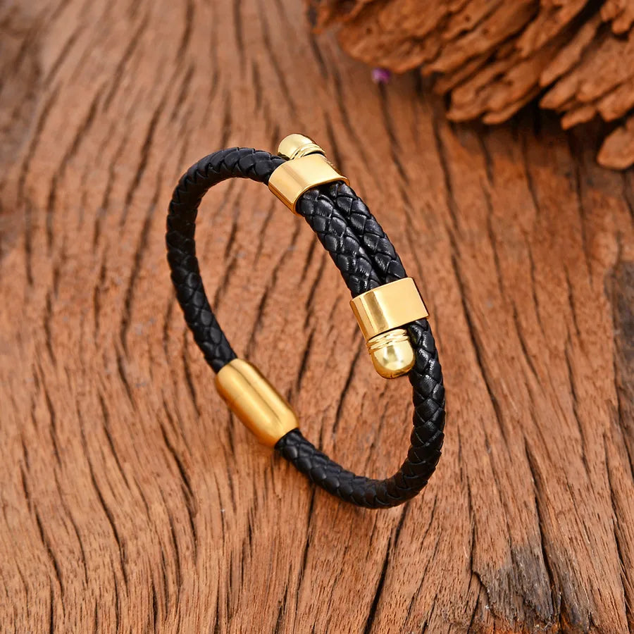 Retro Punk Solid Color 304 Stainless Steel Pu Leather Men's Bangle Men Cord & Leather Bracelets