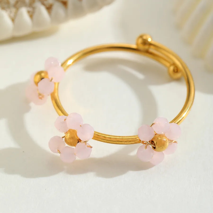 Wholesale Jewelry Casual Cute Simple Style Flower 304 Stainless Steel Crystal 18K Gold Plated Plating Inlay Open Rings