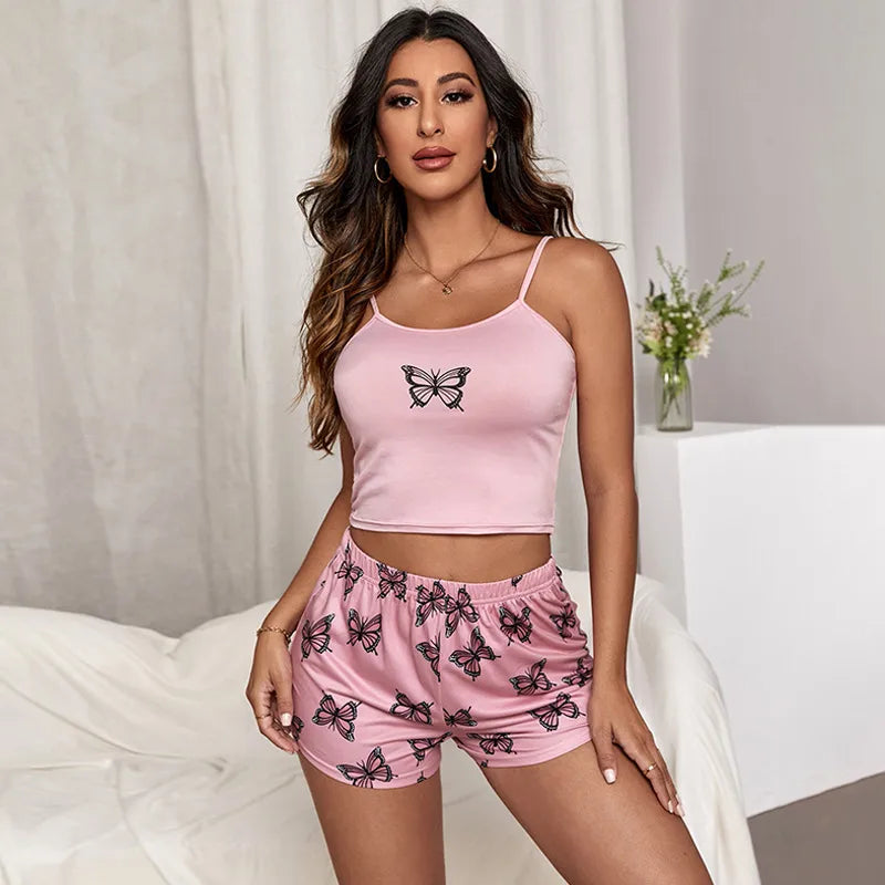 Large Size  Summer Sling Shorts Home Suit Soft Dressing Butterfly Printed Pajamas Two-piece Set