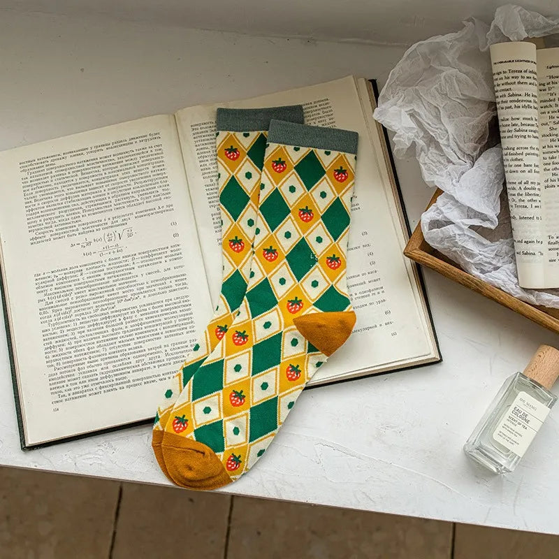 women's preppy style plaid cotton crew socks a pair 1 set