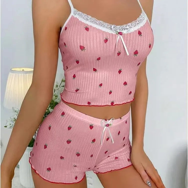 New Butterfly Knot Strap Shorts Set Women's Strawberry Print Lace Trim Two-Piece Polyester Milk Silk Home Wear Sleepwear