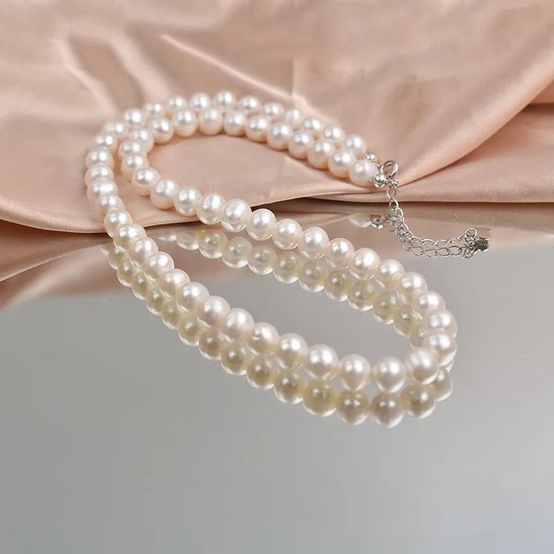 Natural Freshwater Pearl Necklace 925 Silver Near Round Small Pearls Fashion Simple Chain Jewelry Accessory