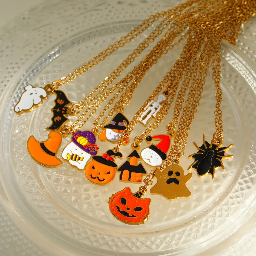 Halloween Series Stainless Steel 18K Gold Plated Drip Oil Hat Bat Pendant Necklace Funny Design Festival Jewelry Accessory
