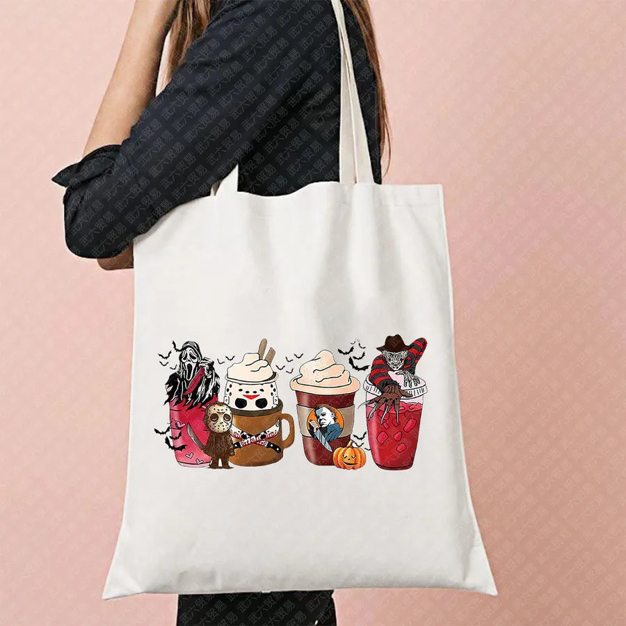 Ghost Pattern Halloween Outdoor Shopping Bag Cute Ghost Design Canvas Tote Bag For Ladies Retro Fashion Printed Large Size