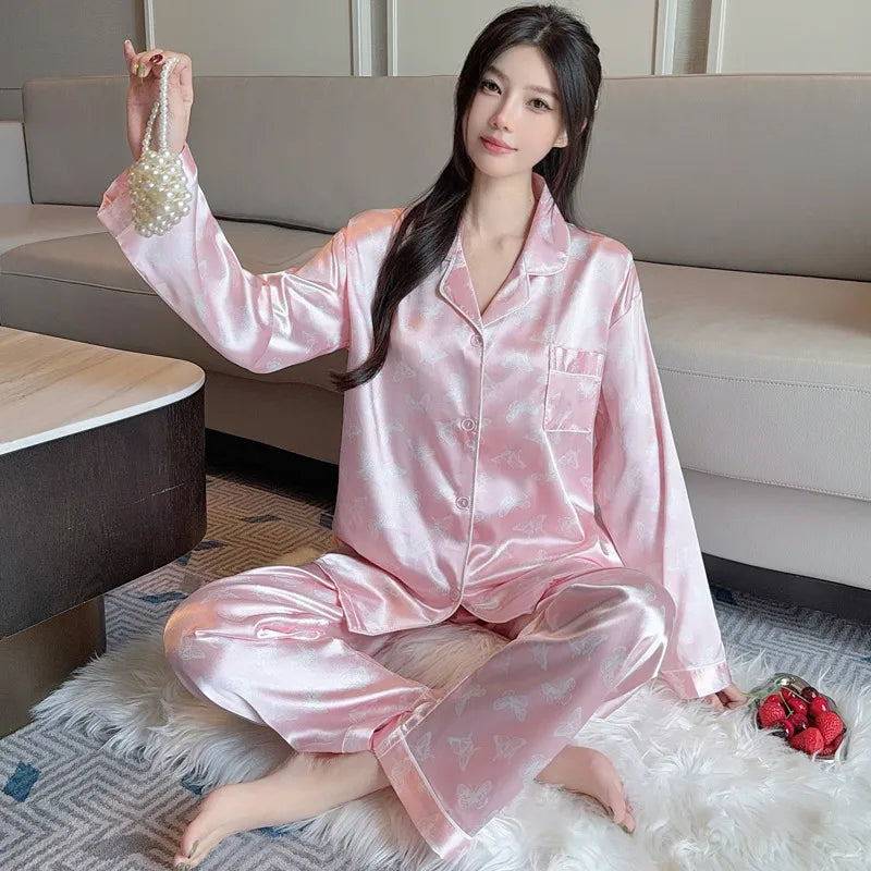 French Anti-Aging Sleepwear Women's Spring Autumn New Simple Polka Dot Long Sleeve Long Pants Ice Silk Home Clothes Fashion Set