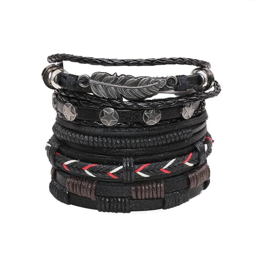 hot selling vintage men's bracelet 5-piece handmade woven cowhide wax rope adjustable bracelet jewelry wholesale