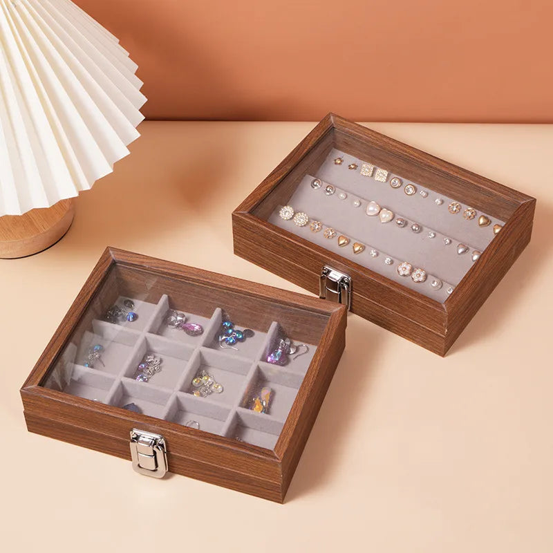 Black Walnut Wood Grain Dustproof Cover Jewelry Box Bracelet Earring Necklace Storage Case Vintage Style Wooden Jewelry Case