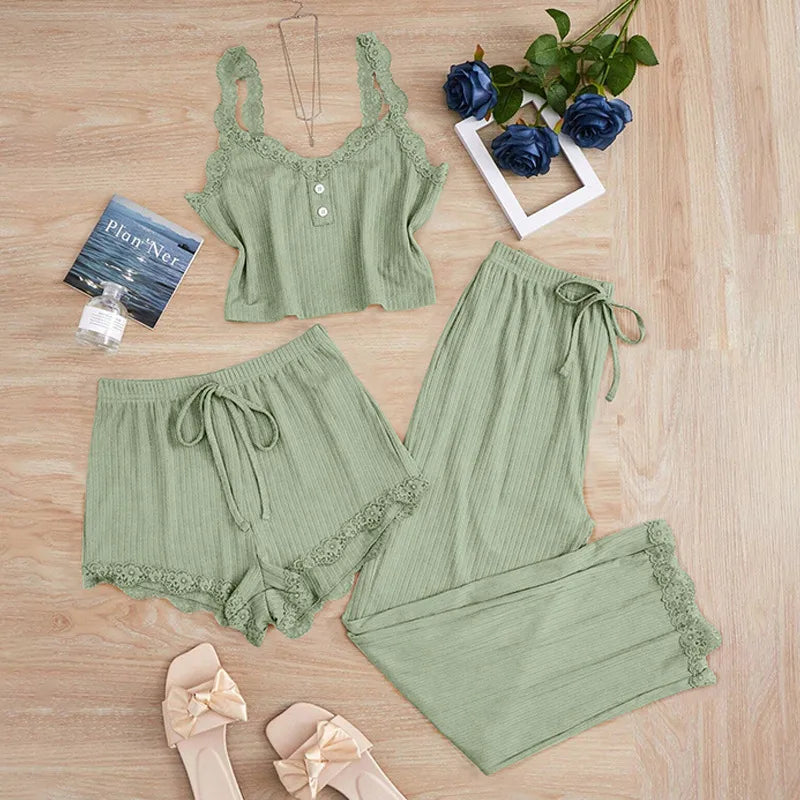 Europe and the United States  foreign trade new lace lace pit vest trousers pajamas women wear slim three-piece suit