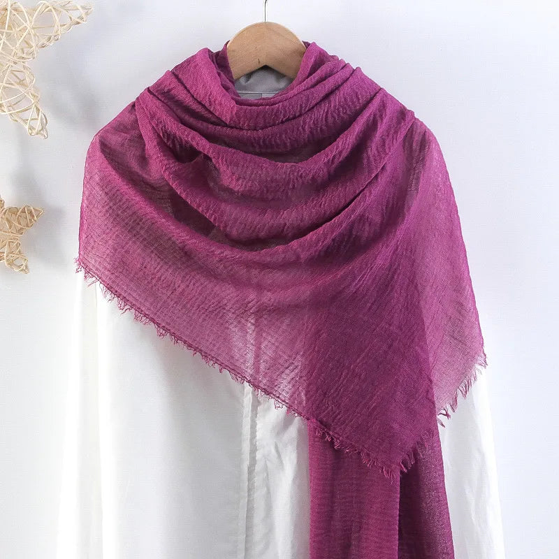 Hot selling solid color pleated cotton and linen scarf  women's bag headscarf crumpled hair fringe bubble scarf women's scarf cover head