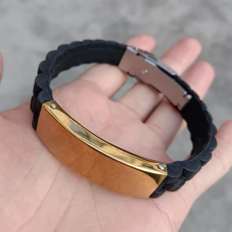 supply  silicone stainless steel bracelet lettering glossy black plated bracelet accessories men's jewelry manufacturer