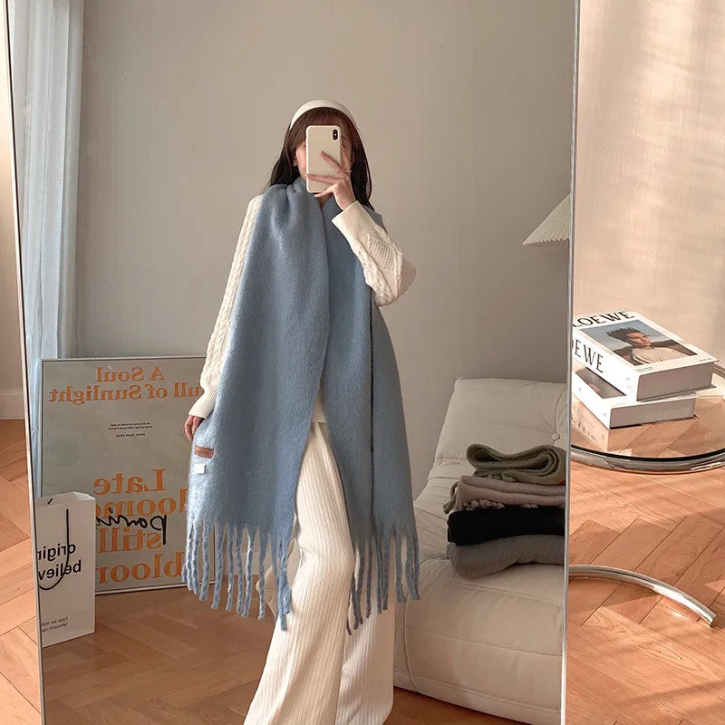 women's sweet color block polyester tassel scarf