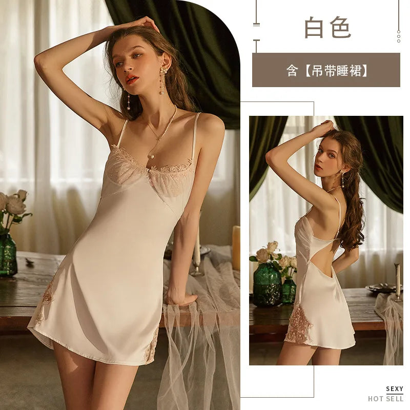 Sexy Lace Backless Thin Home Sleepwear Set Alluring Split Design Comfortable Nightgown French Style Intimate Apparel For Women