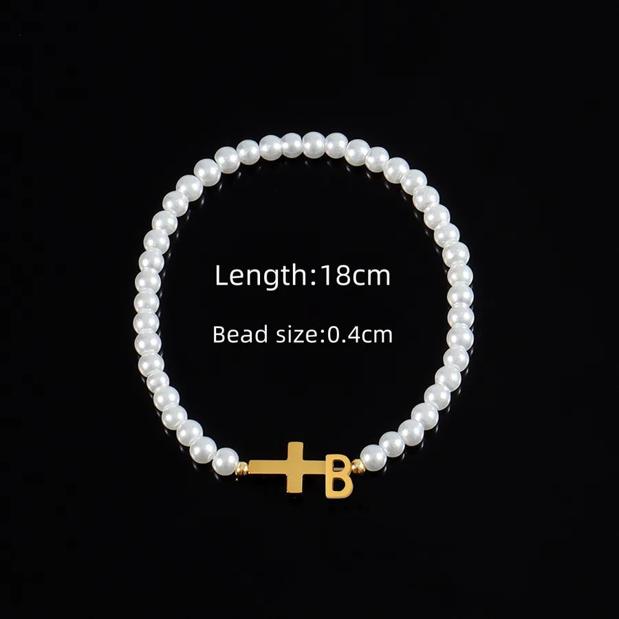 Classic Style Cross Letter 304 Stainless Steel Artificial Pearl Beaded Chain Beaded Bracelets Wholesale