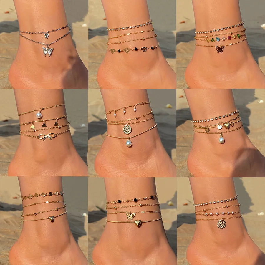 retro Bohemian beach anklet set fashion simple wind color diamond butterfly multi-layer anklet wholesale