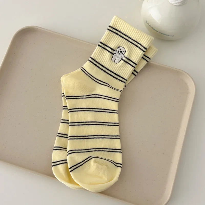 Spring and Summer suxinaimin Cute Dog Embroidered Trendy Healing Striped Mid-Socks Ins Casual Piled Socks