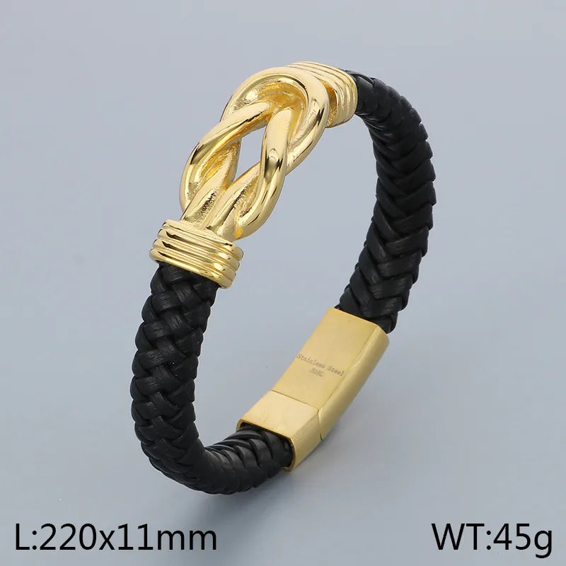 Business Color Block 304 Stainless Steel Leather Plating 18K Gold Plated Men's Bangle
