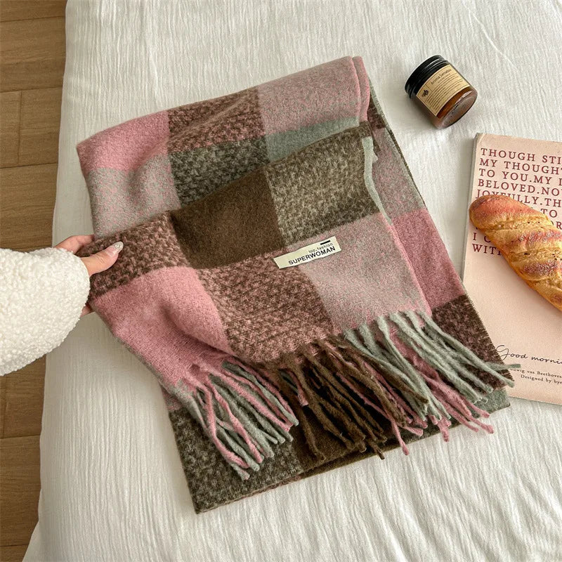 Women's Sweet Plaid Imitation cashmere Tassel Scarf