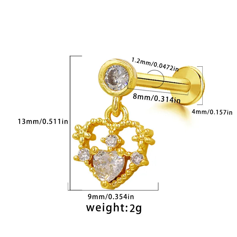 1 Piece Lip Rings Hip-Hop Vintage Style Rock Star Heart Shape Floral 316L Stainless Steel  Copper Inlay Resin Glass Gold Plated Lip Rings
