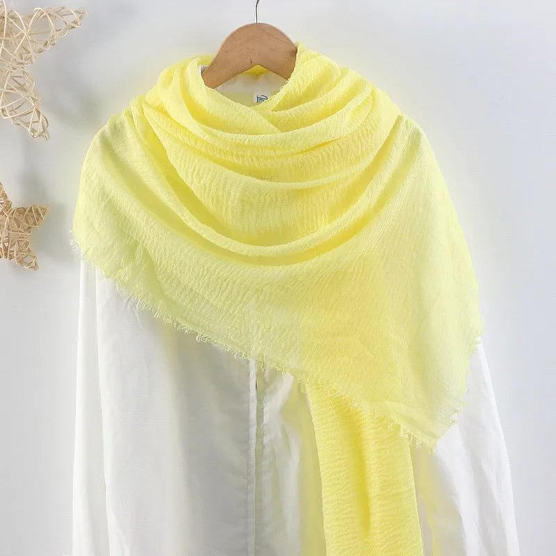 Hot selling solid color pleated cotton and linen scarf  women's bag headscarf crumpled hair fringe bubble scarf women's scarf cover head