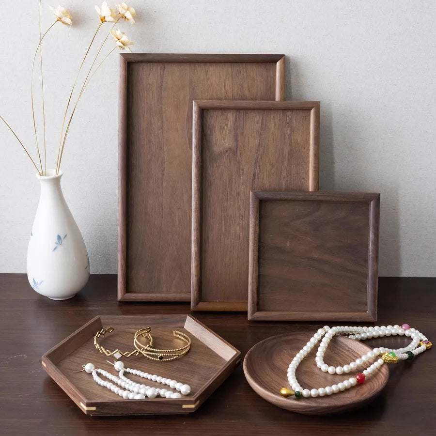 Walnut Wood Jewelry Display Tray Ring Earring Bracelet Storage Plate Photo Prop Geometry Pattern Solid Wood Antique Style