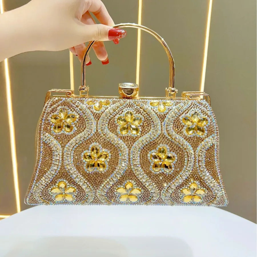 Princess Style Large Capacity Women's Handbag Evening Bag Square Shape Polyester Material Chain Lock Diamond Fashion Elements