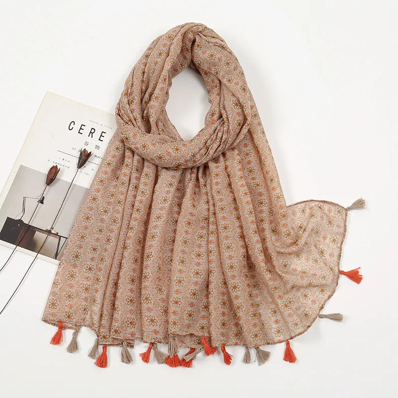 women's sweet flower cotton and linen tassel silk scarves
