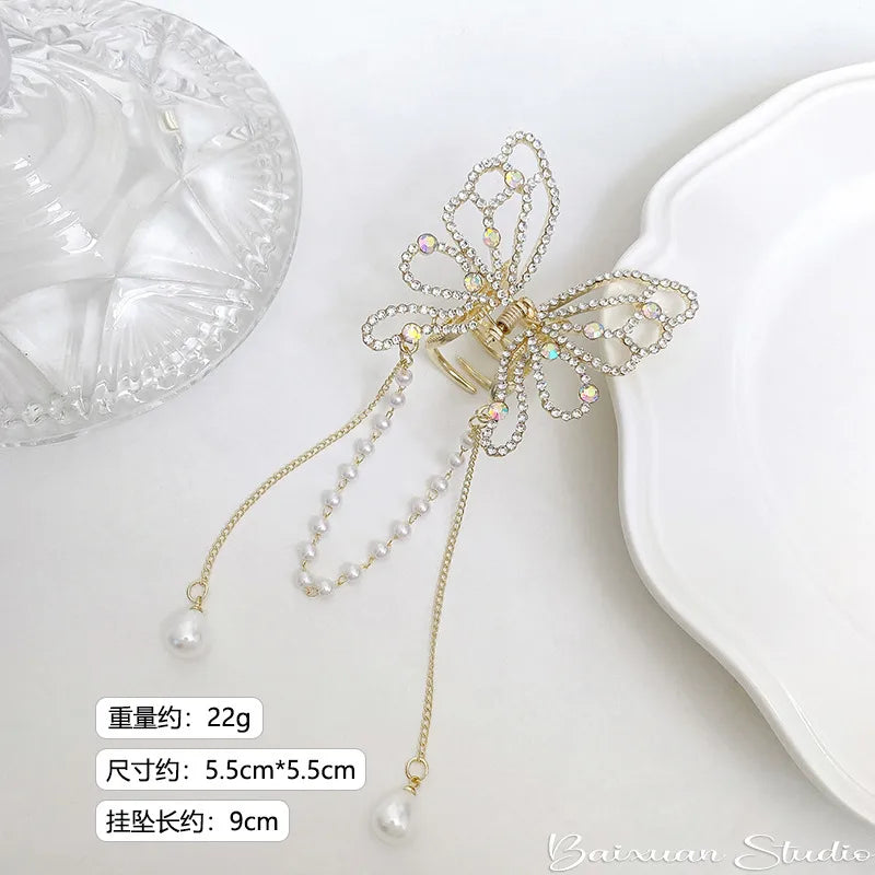 Alloy butterfly hairpin Korean high-end sense exquisite pearl tassel hair accessories half hair clip women's headdress wholesale