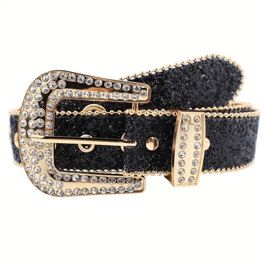 retro sweet solid color pu leather alloy diamond women's leather belts