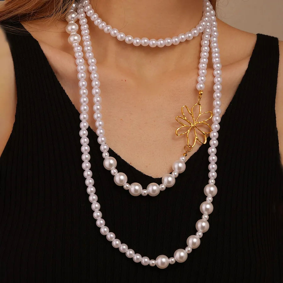 Elegant Lady Wedding Flower 18K Gold Plated 304 Stainless Steel Imitation Pearl Beaded Chain Layered Necklaces Wholesale