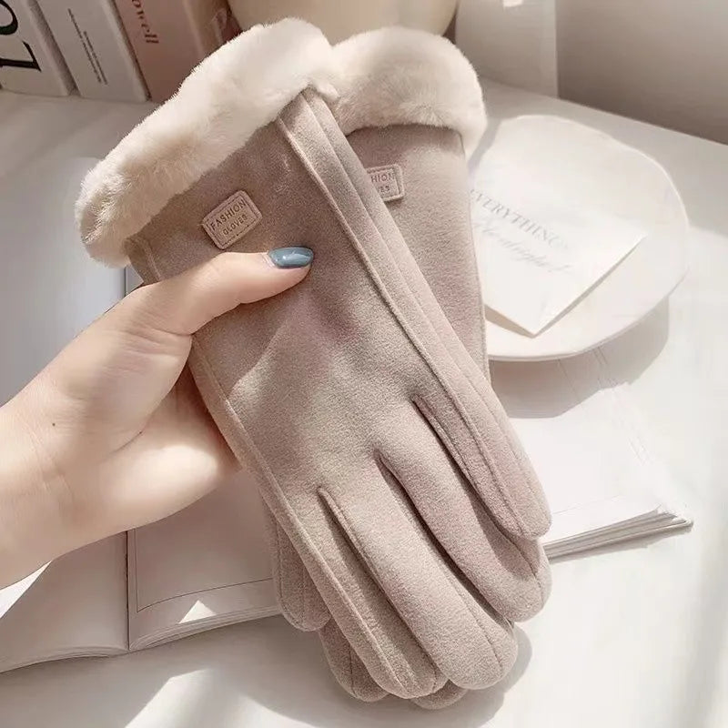 Gloves Women's Winter Velvet Thickened Warm  Cute Touch Screen De Velvet Fall/Winter Electric Car Cold-proof Riding Gloves