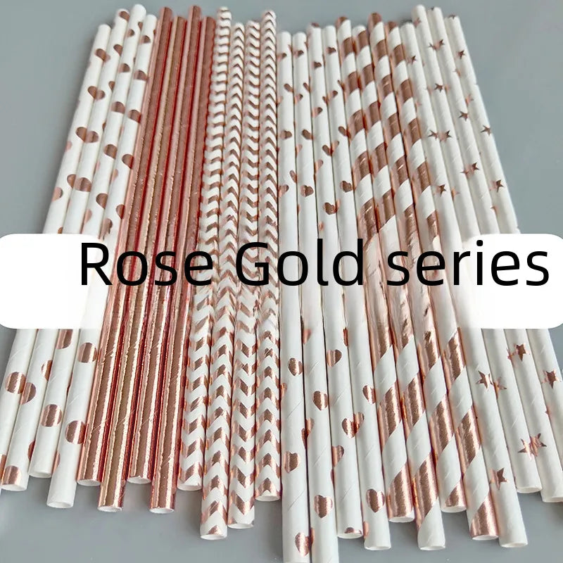 Rose Gold Paper Straw Creative Disposable Paper Party Pastry Beverage Decorative Straw