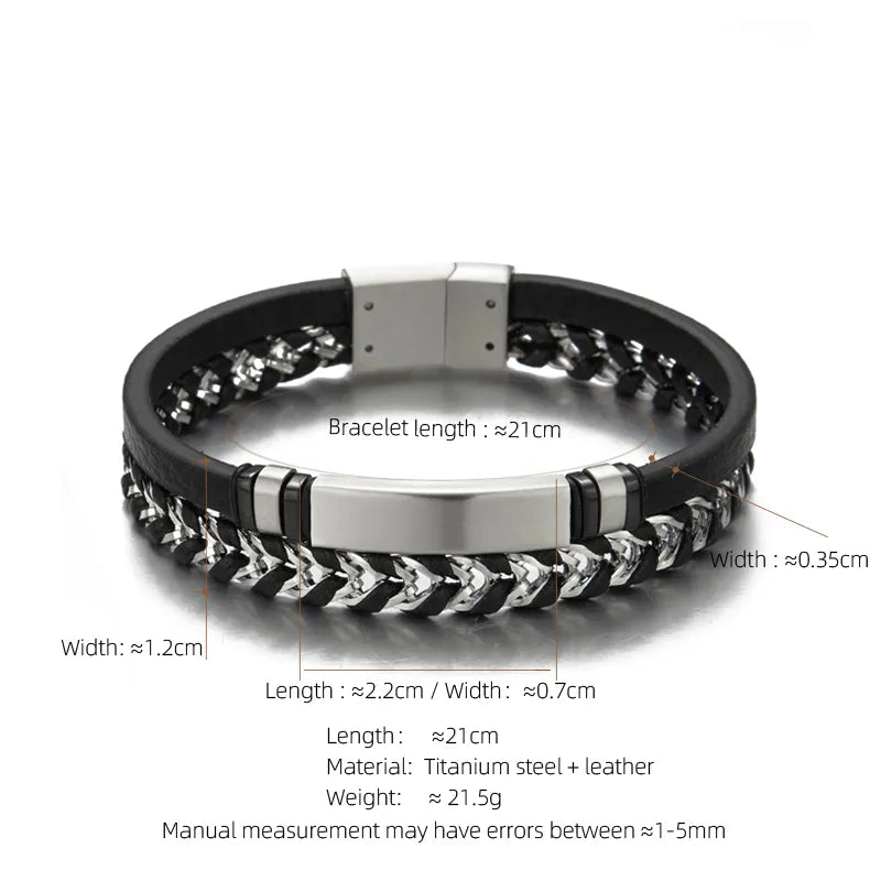 Simple Style Solid Color Stainless Steel Pu Leather Silver Plated Men's Bracelets