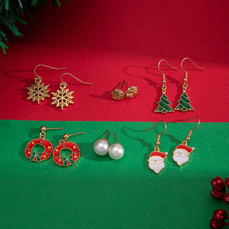 Christmas Themed Earring Set Alloy Snowflake Bow Tie Santa Claus Design Drip Oil Christmas Tree Stud Earrings For Women